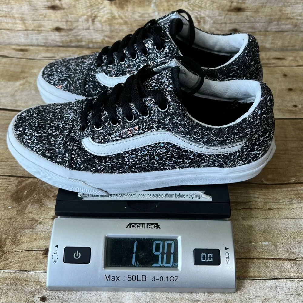 Vans Old Skool Kids Black White Glitter Textured Low Top Sneakers Shoes‎
